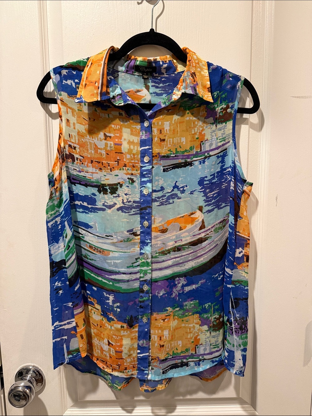 Cupio Multicolor Abstract Print Sleeveless sheer Top